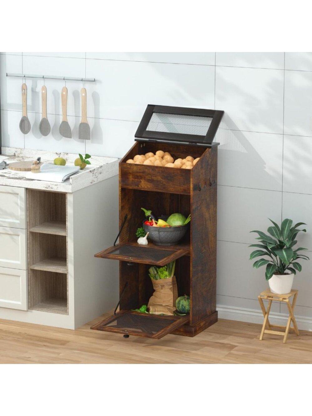 Large Capacity Wooden Potato & Onion Storage Bin with Lid - Ventilated Kitchen